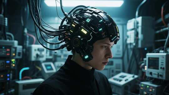 人物佩戴科技头盔在实验室