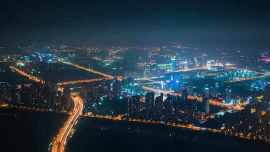 航拍南京江北新区繁华夜景