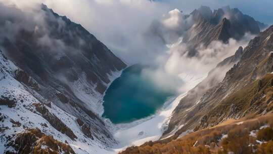 高山湖泊云雾环绕景观