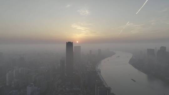 航拍中国上海浦东陆家嘴黄浦江日出时刻