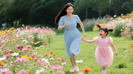 母女花海中牵手奔跑