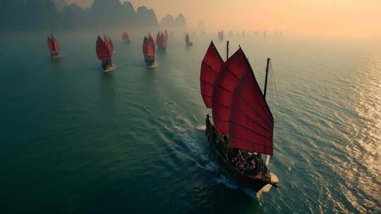 乘风破浪扬帆起航海鸥帆船航行海浪