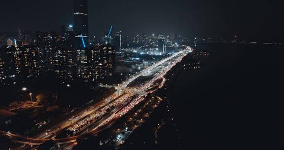 航拍深圳湾超级总部建设进展夜景