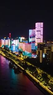 航拍福建福州金融街夜景灯光秀延时摄影