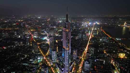 江苏南京CBD紫峰大厦建筑群日落夜景航拍