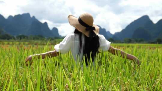 一位亚洲女性走在美丽的稻田里视频素材模板下载