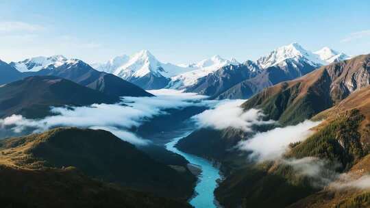 雪山河谷自然风光全景