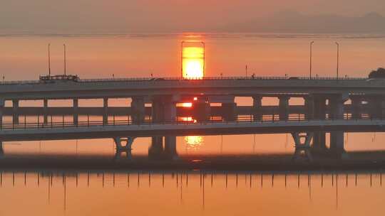 深圳湾南山区后海大桥清晨日出航拍