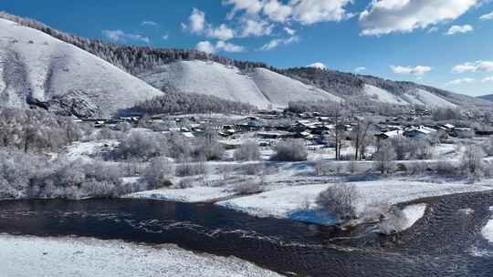 航拍早春东北雪后的山村