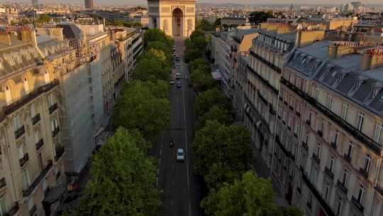 城市航拍法国巴黎阳光照射凯旋门汽车交通
