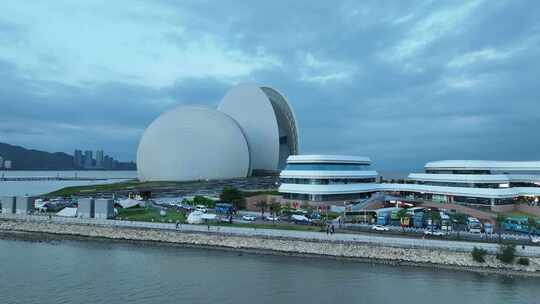 珠海日月贝航拍珠海大剧院地标城市建筑风光