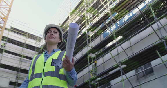 4k一个自信的女人检查建筑工地的视频片段