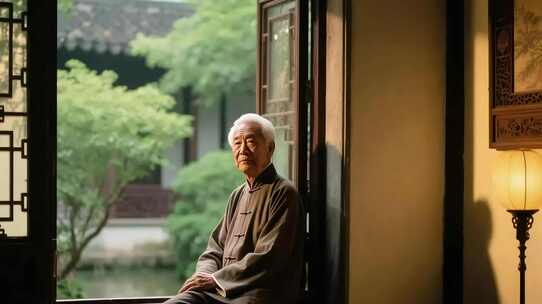 老人坐于中式建筑窗边