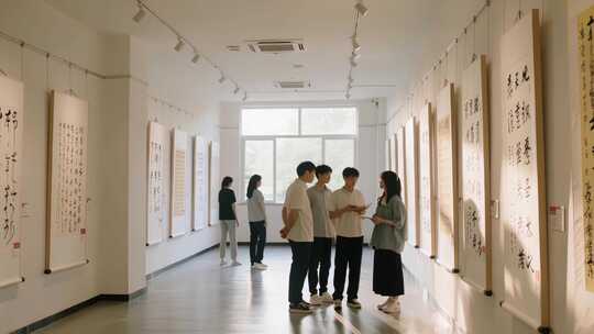年轻人参观书法展览交流