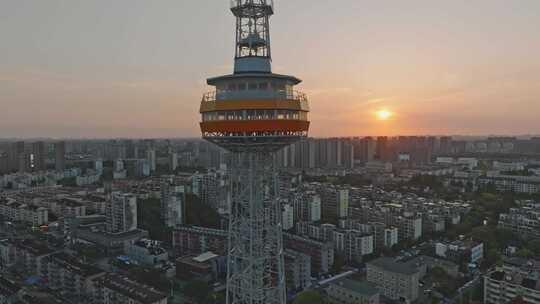 上海嘉定电视塔城市傍晚夕阳日落航拍