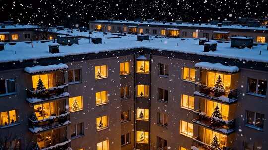 雪夜中亮灯的居民楼场景