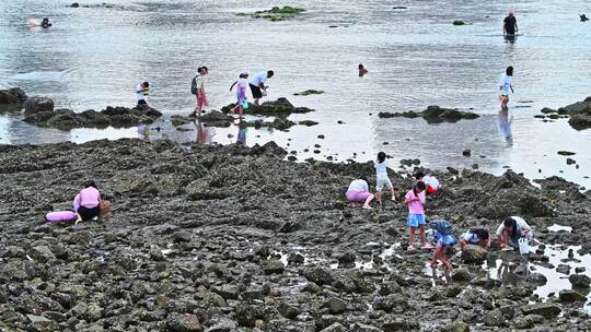 中国山东烟台海昌渔人码头海边沙滩赶海