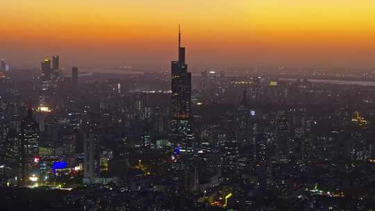 江苏南京CBD紫峰大厦建筑群日落夜景航拍