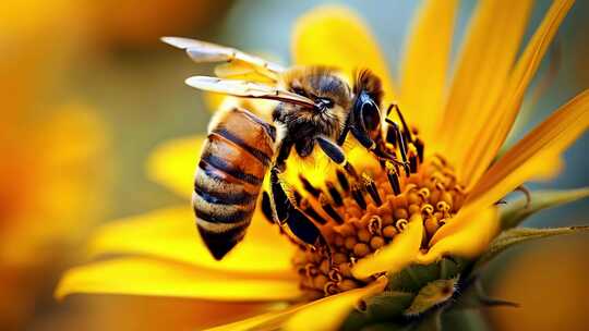 4K蜜蜂采蜜花丛阳光向日葵高清