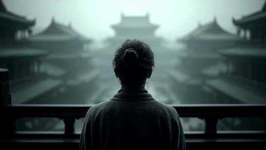 唐朝女子凝望雾中宫殿尽显古典意境