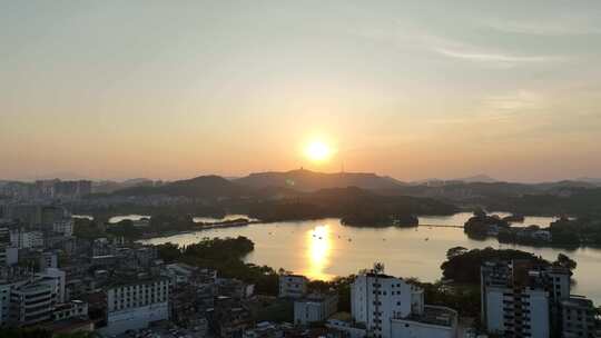 惠州西湖风景区航拍夕阳唯美日落湖泊风景