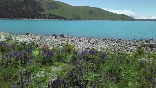 海岸边湖水山脉美景