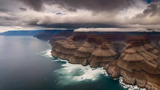 航拍海岸边的层峦峭壁