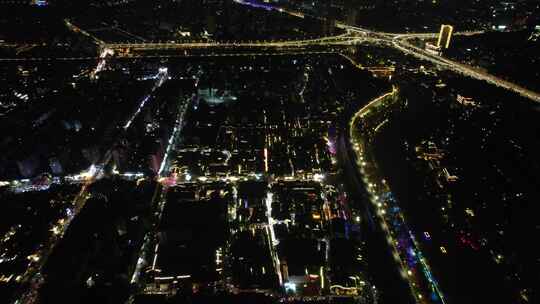 江苏南京老门东秦淮河夜景灯光航拍