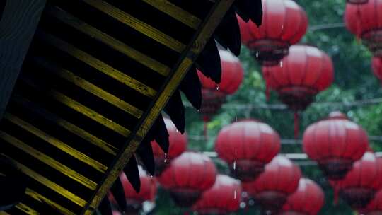 古建筑红灯笼屋檐下雨意境空镜视频素材模板下载