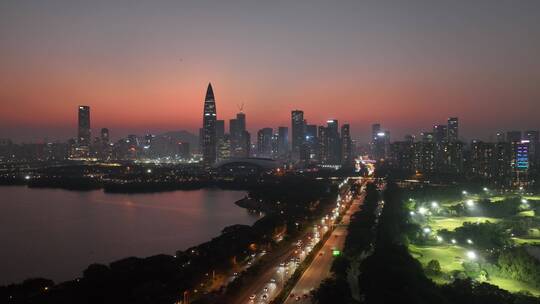 深圳南山区深圳湾日落晚霞夜景航拍