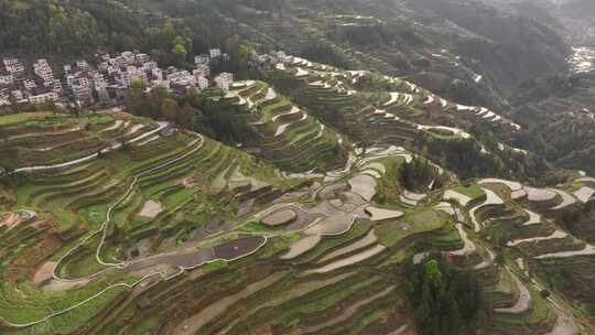 贵州黔东南自治州肇兴堂安侗寨梯田航拍风光