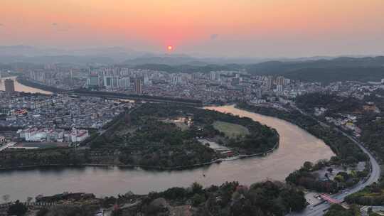 航拍广西百色日落晚霞夕阳