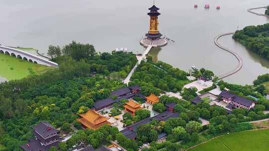 江苏省泰州溱湖景区古寿圣寺航拍