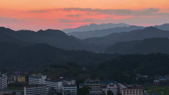 山水县城日落延时 三江城市航拍