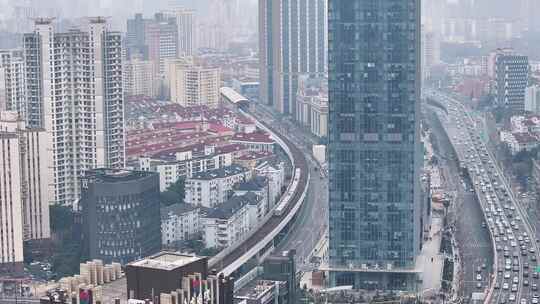 上海高架车流 地铁 城市风光航拍