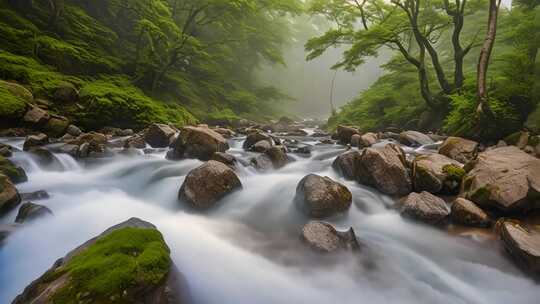 山林间溪流与岩石景观