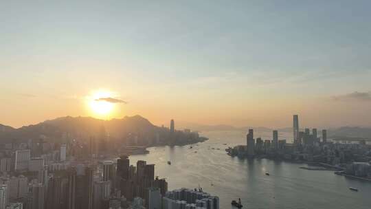 香港大景航拍维多利亚港太平山日落海湾风光