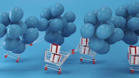 气球拉着的购物车 3D渲染