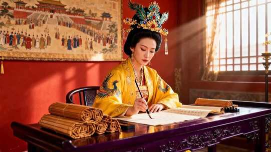 古装女子持毛笔书写场景