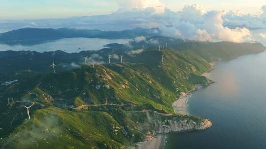 广东上川岛海岛风车山日出风力发电清洁能源