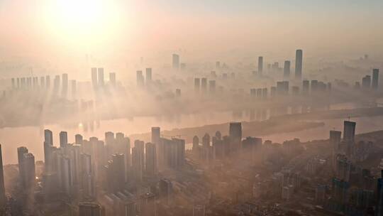 长沙城市日出天际线朝霞薄雾