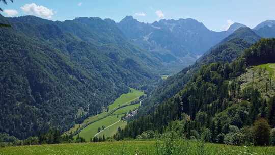 山景，阿尔卑斯山在斯洛文尼亚与农场和盛开的草地，索尔卡瓦全景路