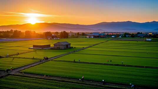 田野夕阳下的劳作场景