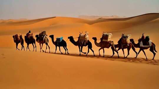 沙漠中行进的骆驼队