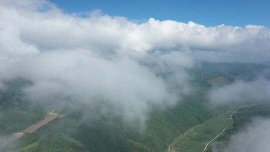 航拍中国东北大地群山与云朵