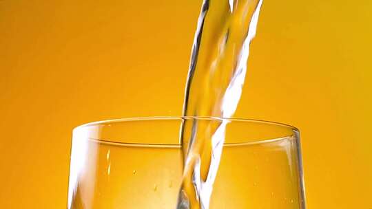 把碳酸水倒进玻璃杯里橙色背景