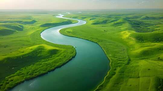 航拍绿色的平原和蜿蜒的河流
