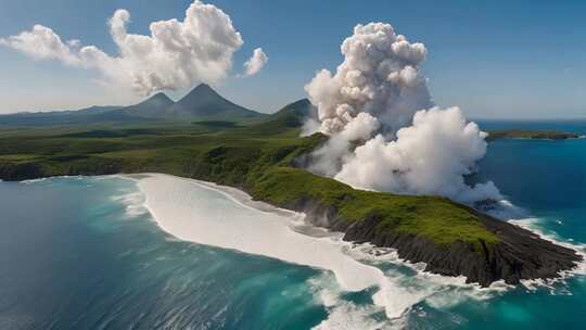 海岸边火山喷发全景