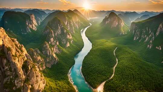 山川河流自然风光全景