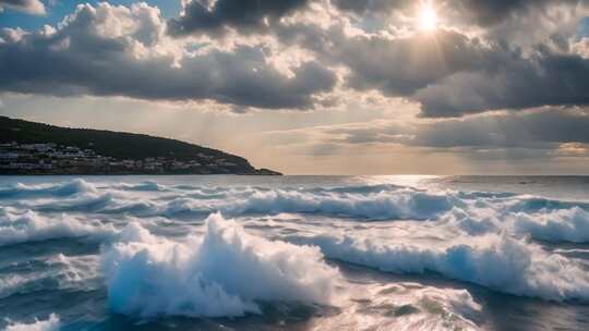 海边浪花与阳光云彩景观